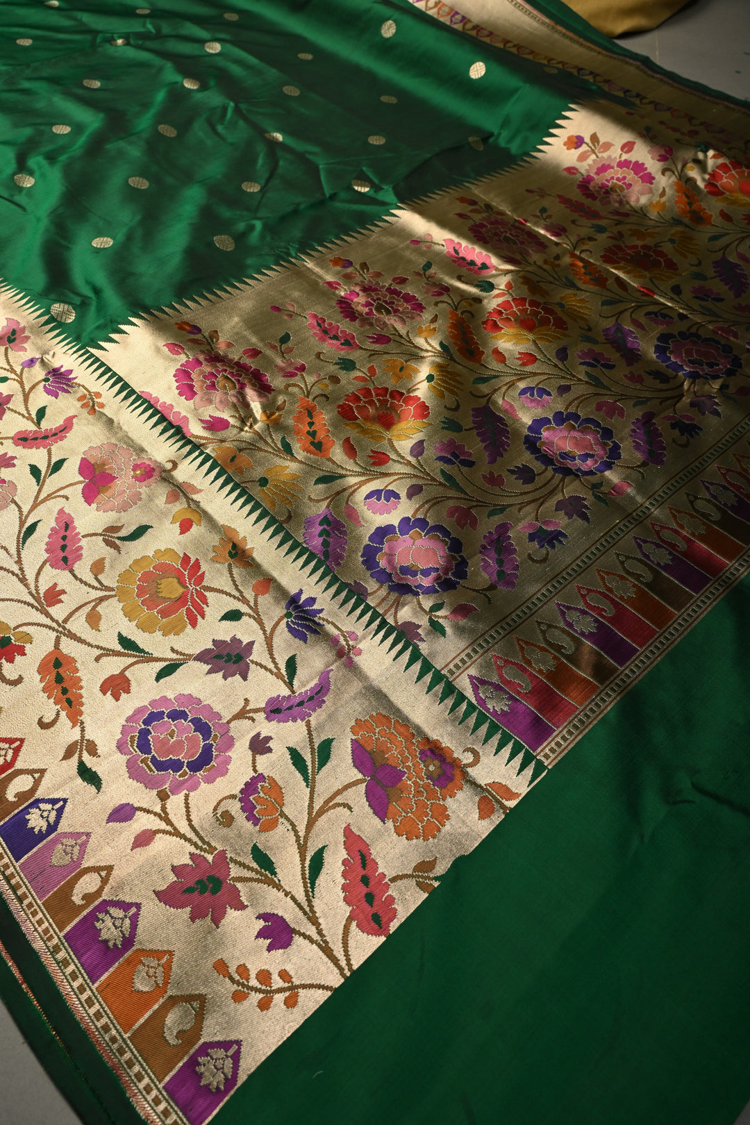 Emerald Green Pure Banarasi Katan Silk Saree with Zari Buttas and Paithani Style Meenakari Zari Border | SILK MARK CERTIFIED | SHOBITAM