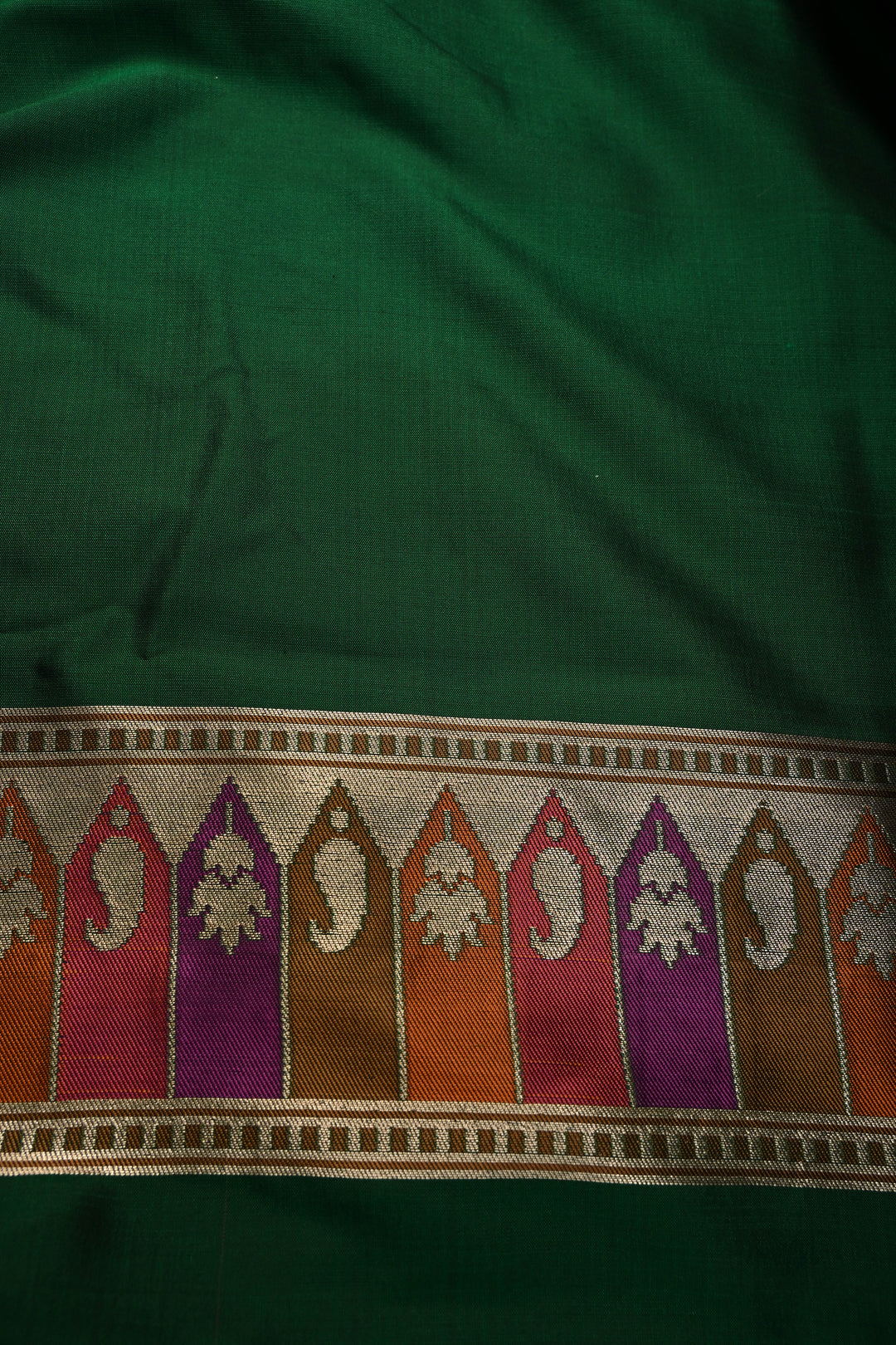 Emerald Green Pure Banarasi Katan Silk Saree with Zari Buttas and Paithani Style Meenakari Zari Border | SILK MARK CERTIFIED | SHOBITAM