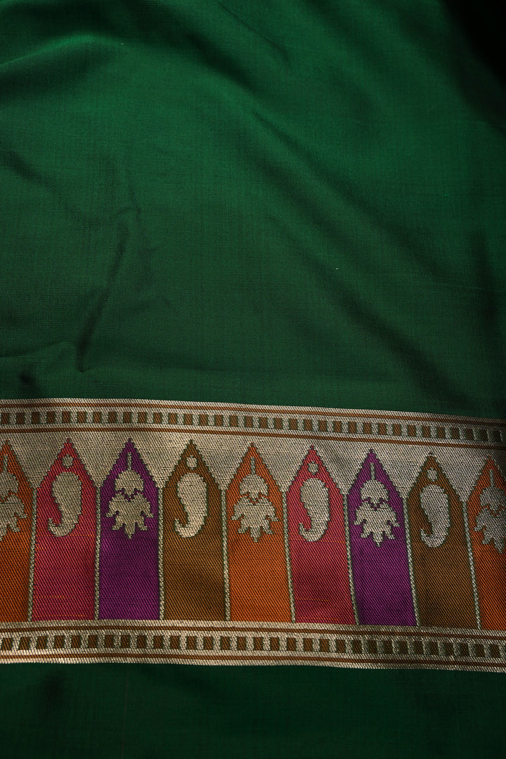 Emerald Green Pure Banarasi Katan Silk Saree with Zari Buttas and Paithani Style Meenakari Zari Border | SILK MARK CERTIFIED | SHOBITAM