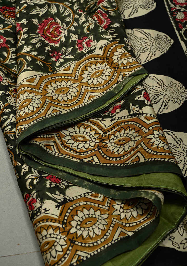 Green Modal Silk Saree with Vanaspati Vegetable Dye Hand Block Print | SHOBITAM
