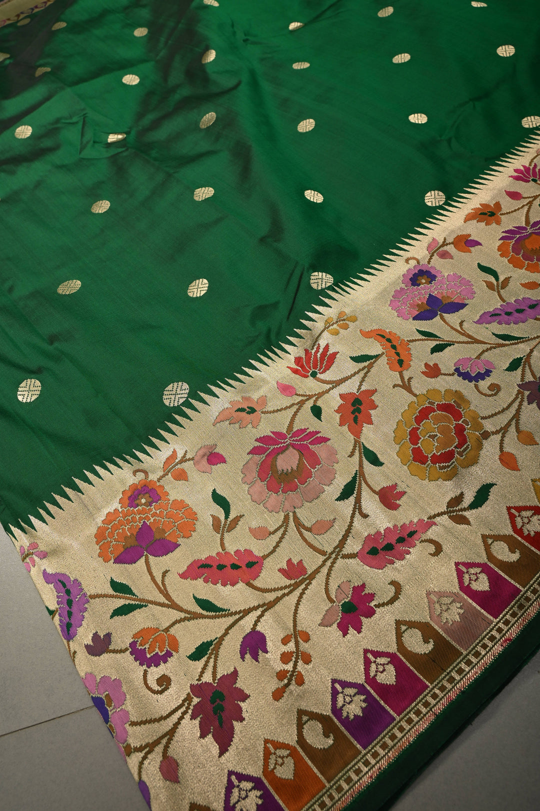 Emerald Green Pure Banarasi Katan Silk Saree with Zari Buttas and Paithani Style Meenakari Zari Border | SILK MARK CERTIFIED | SHOBITAM