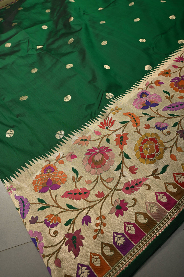 Emerald Green Pure Banarasi Katan Silk Saree with Zari Buttas and Paithani Style Meenakari Zari Border | SILK MARK CERTIFIED | SHOBITAM