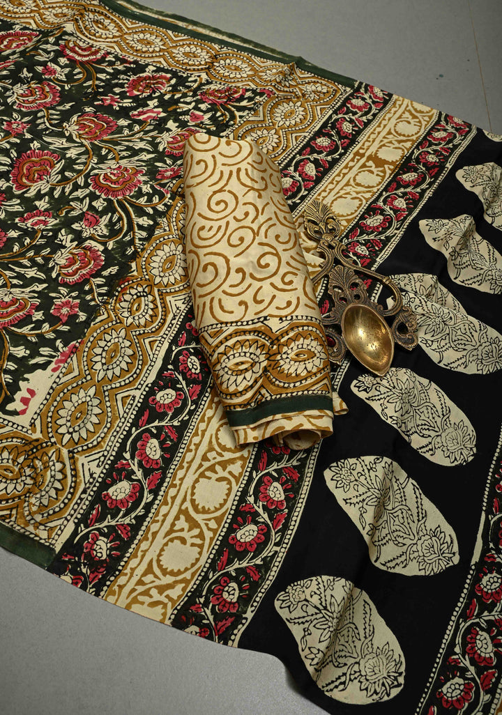 Green Modal Silk Saree with Vanaspati Vegetable Dye Hand Block Print | SHOBITAM