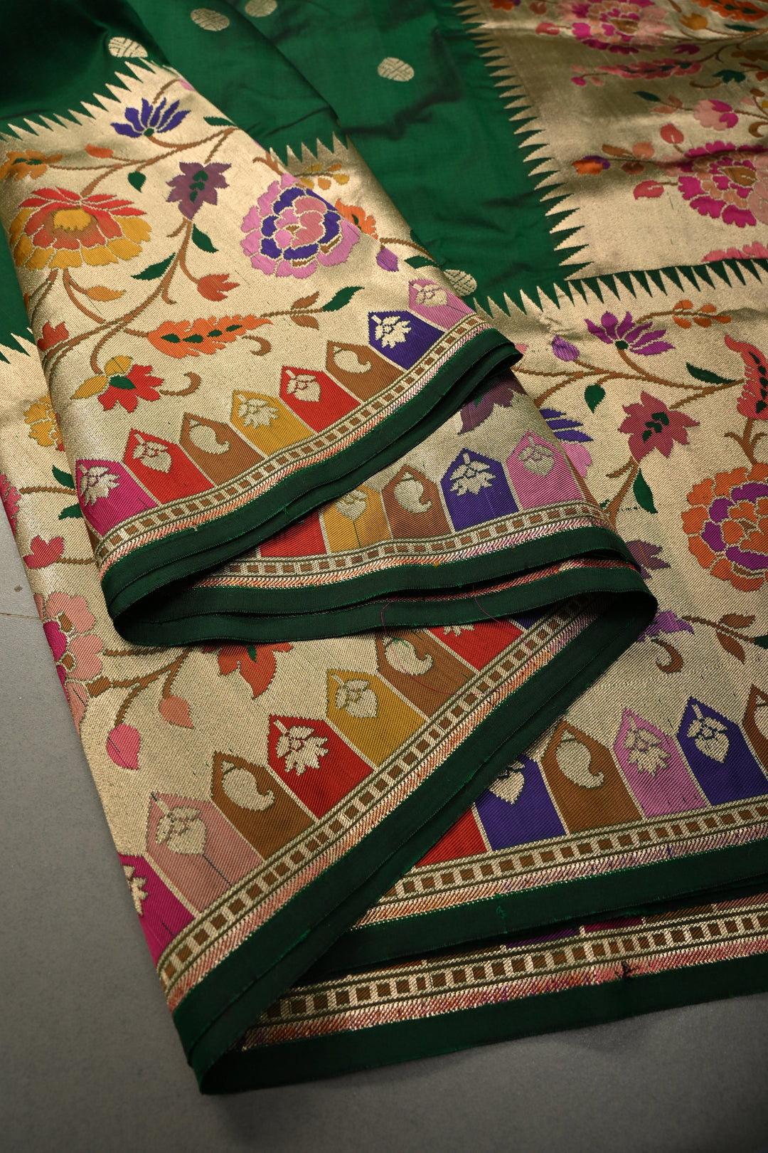 Emerald Green Pure Banarasi Katan Silk Saree with Zari Buttas and Paithani Style Meenakari Zari Border | SILK MARK CERTIFIED | SHOBITAM