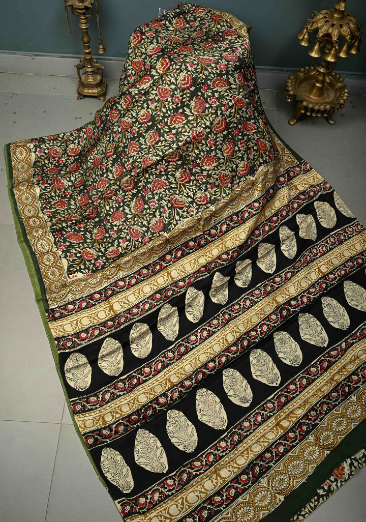Green Modal Silk Saree with Vanaspati Vegetable Dye Hand Block Print | SHOBITAM