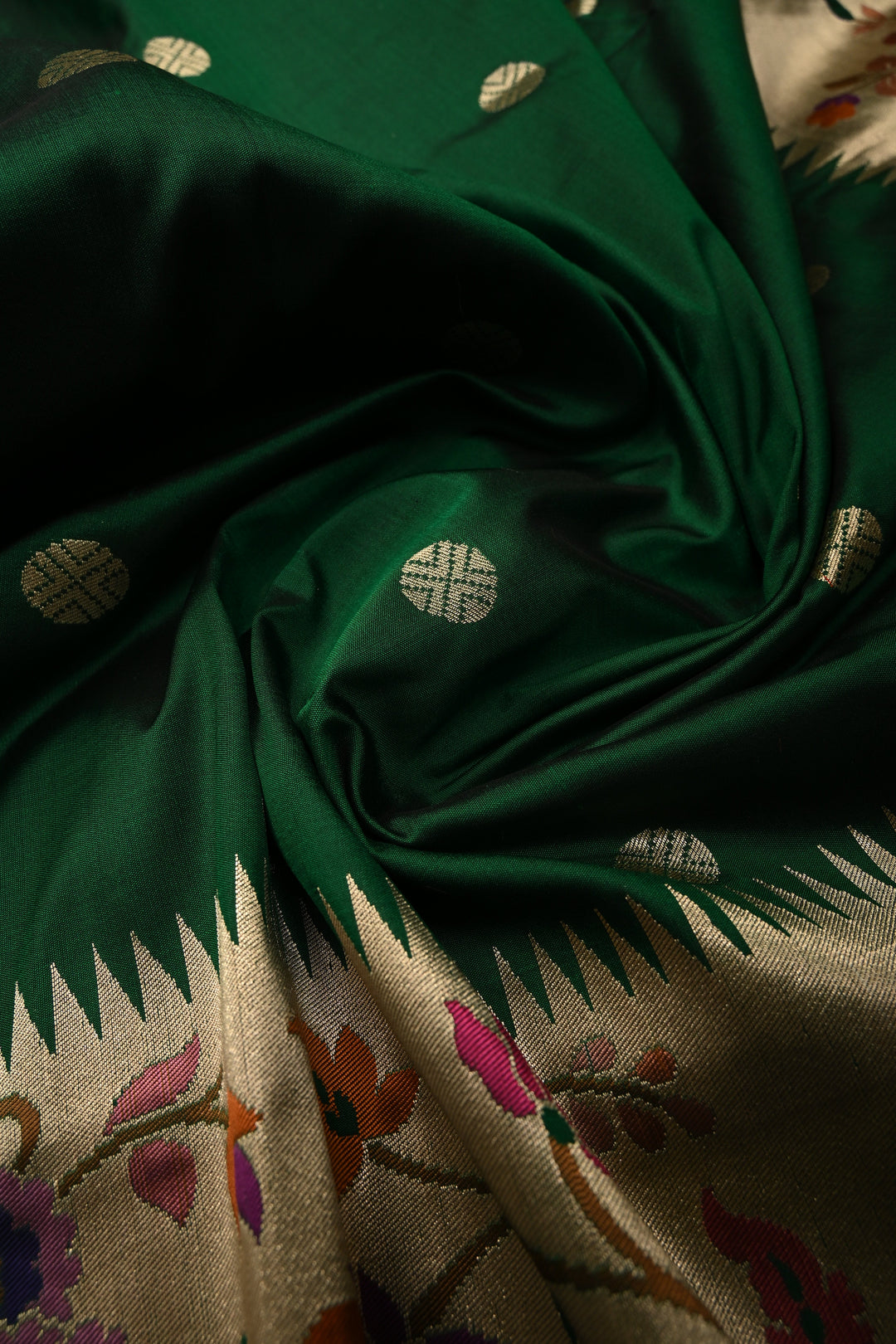 Emerald Green Pure Banarasi Katan Silk Saree with Zari Buttas and Paithani Style Meenakari Zari Border | SILK MARK CERTIFIED | SHOBITAM
