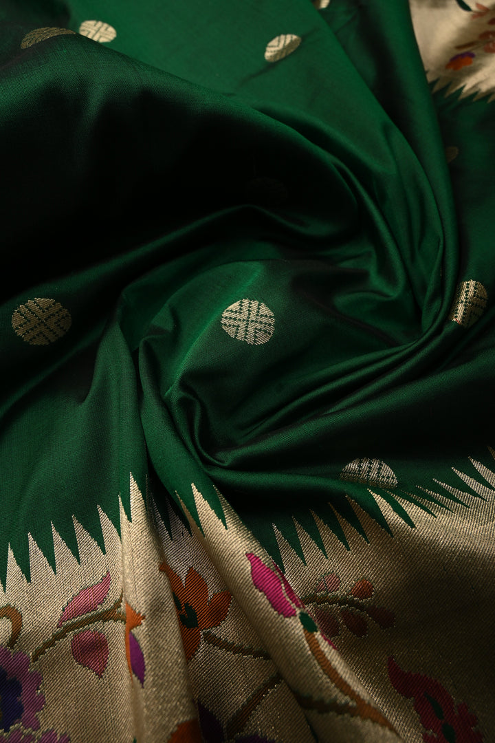 Emerald Green Pure Banarasi Katan Silk Saree with Zari Buttas and Paithani Style Meenakari Zari Border | SILK MARK CERTIFIED | SHOBITAM