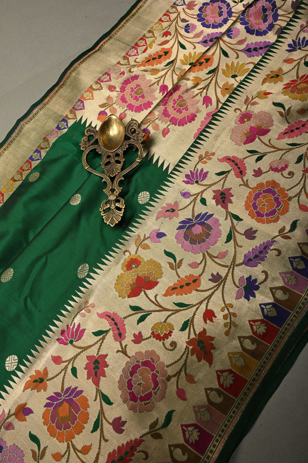 Emerald Green Pure Banarasi Katan Silk Saree with Zari Buttas and Paithani Style Meenakari Zari Border | SILK MARK CERTIFIED | SHOBITAM