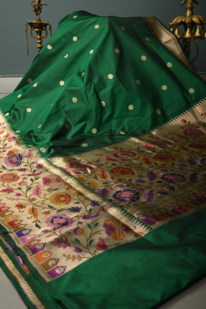 Emerald Green Pure Banarasi Katan Silk Saree with Zari Buttas and Paithani Style Meenakari Zari Border | SILK MARK CERTIFIED | SHOBITAM