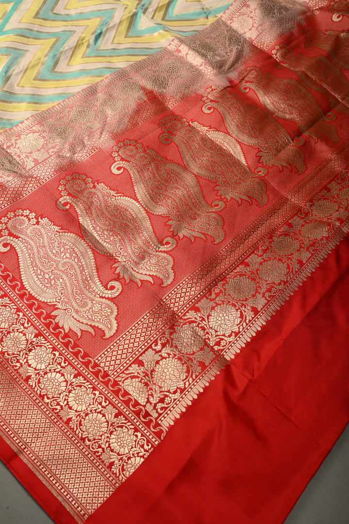 Ivory-Yellow-Turquoise Pure Banarasi Katan Silk Saree with Chevron Design Contrast Zari Border | SILK MARK CERTIFIED | SHOBITAM