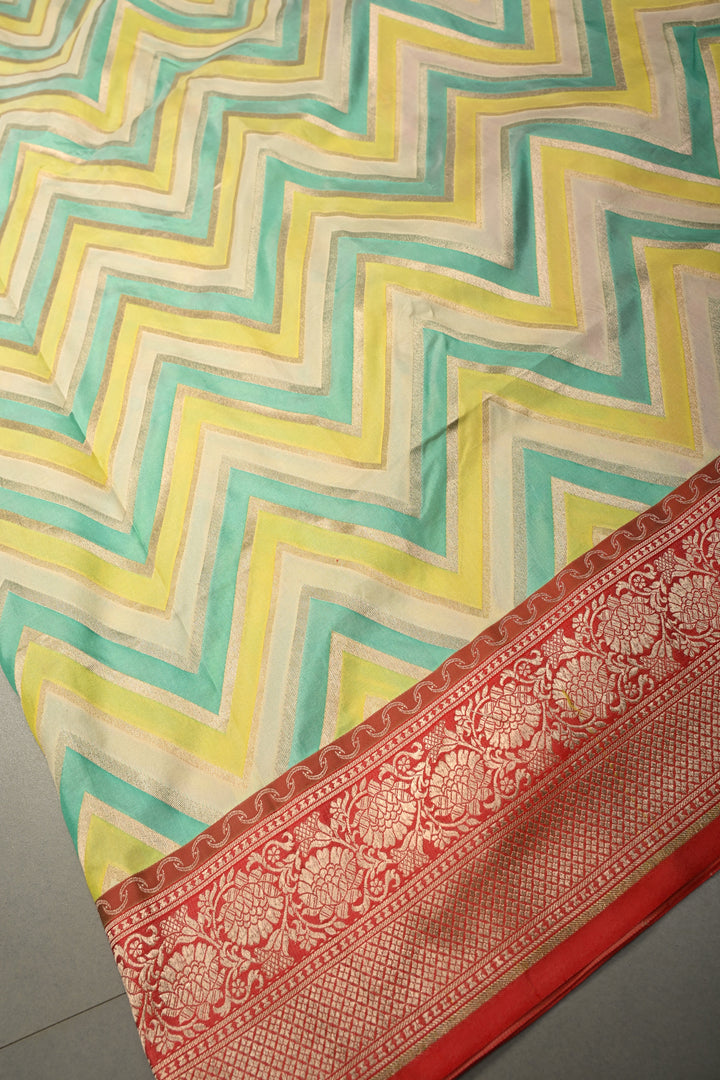 Ivory-Yellow-Turquoise Pure Banarasi Katan Silk Saree with Chevron Design Contrast Zari Border | SILK MARK CERTIFIED | SHOBITAM