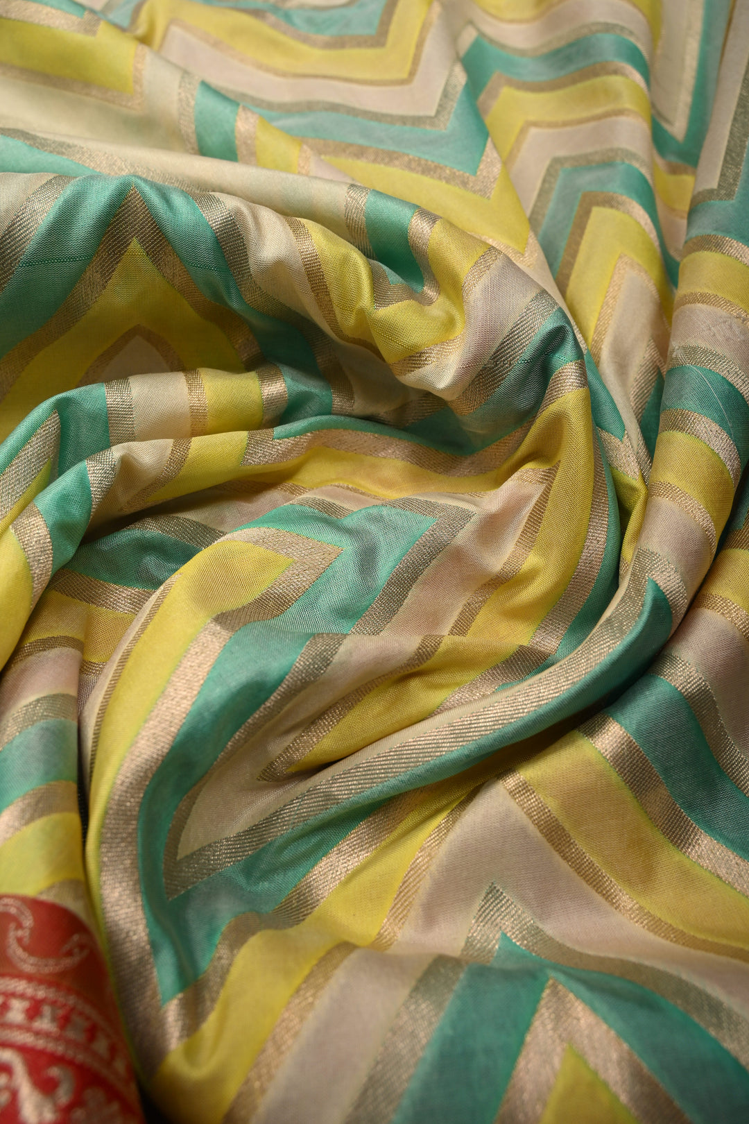 Ivory-Yellow-Turquoise Pure Banarasi Katan Silk Saree with Chevron Design Contrast Zari Border | SILK MARK CERTIFIED | SHOBITAM