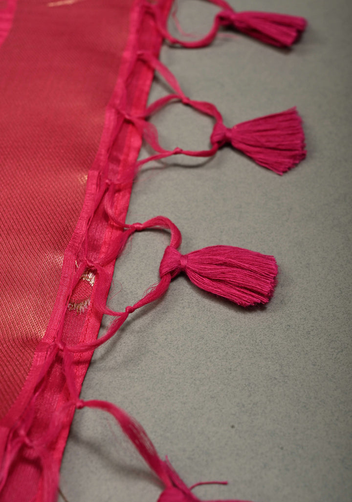 Rani Pink Mercerized Cotton Saree with Temple Zari Border and Tree Of life Pallu | SHOBITAM