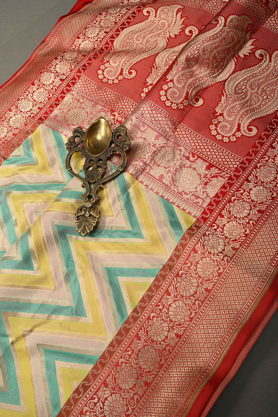 Ivory-Yellow-Turquoise Pure Banarasi Katan Silk Saree with Chevron Design Contrast Zari Border | SILK MARK CERTIFIED | SHOBITAM