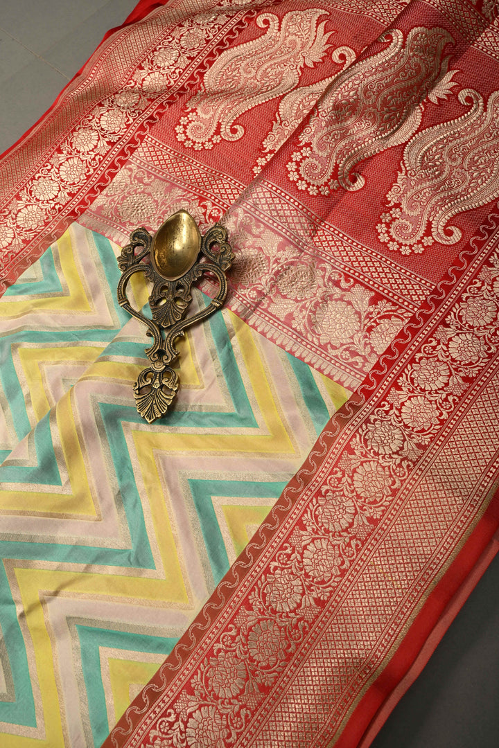 Ivory-Yellow-Turquoise Pure Banarasi Katan Silk Saree with Chevron Design Contrast Zari Border | SILK MARK CERTIFIED | SHOBITAM