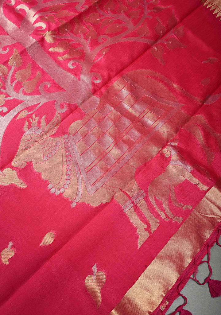Rani Pink Mercerized Cotton Saree with Temple Zari Border and Tree Of life Pallu | SHOBITAM
