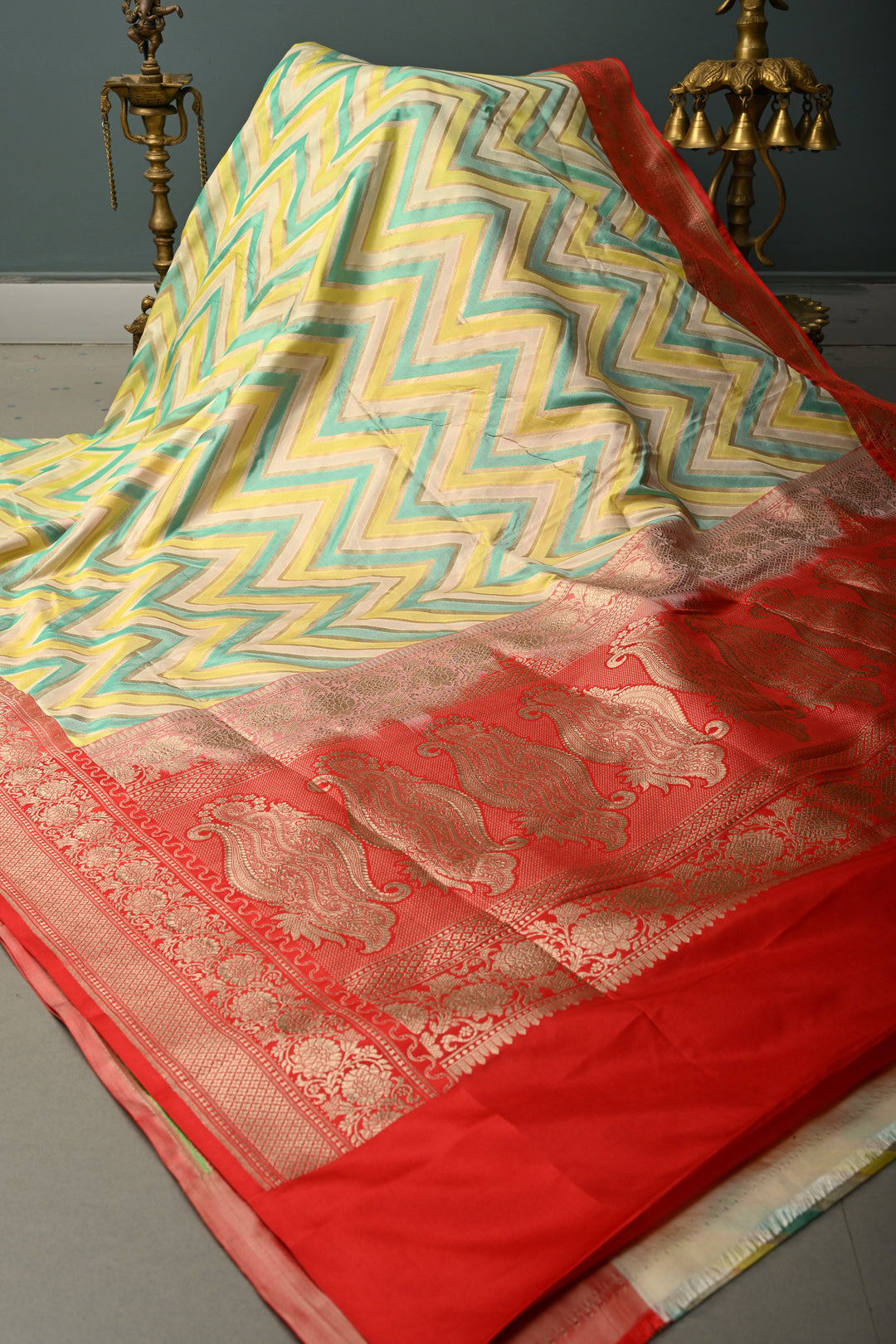 Ivory-Yellow-Turquoise Pure Banarasi Katan Silk Saree with Chevron Design Contrast Zari Border | SILK MARK CERTIFIED | SHOBITAM
