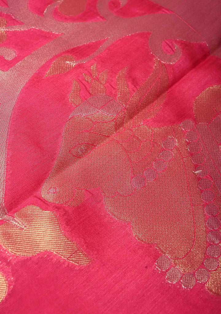 Rani Pink Mercerized Cotton Saree with Temple Zari Border and Tree Of life Pallu | SHOBITAM