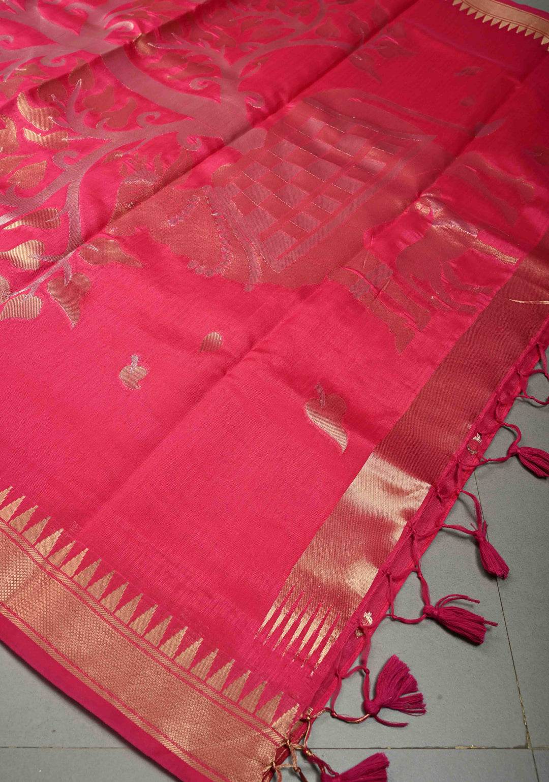 Rani Pink Mercerized Cotton Saree with Temple Zari Border and Tree Of life Pallu | SHOBITAM