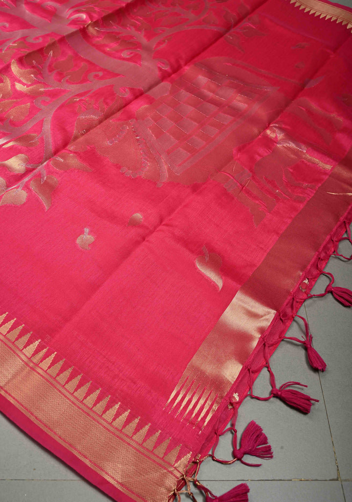 Rani Pink Mercerized Cotton Saree with Temple Zari Border and Tree Of life Pallu | SHOBITAM