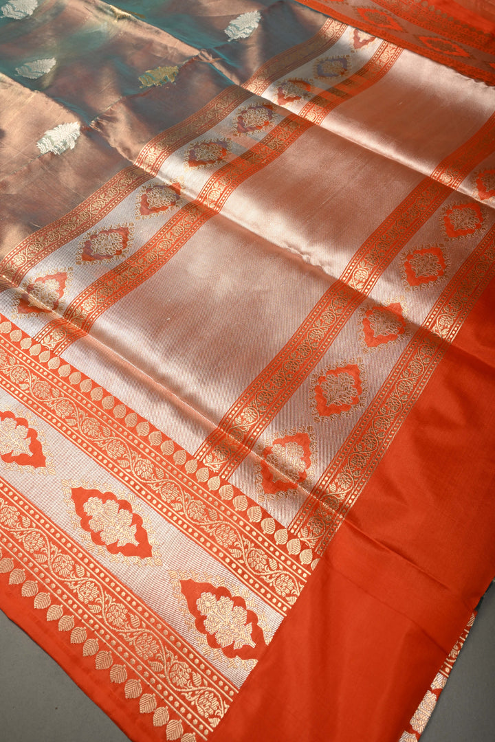 Seafoam Green Banarasi Kora Silk Saree with Sona Rupa Floral Zari Buttas and Contrast Zari Border| SILK MARK CERTIFIED | SHOBITAM