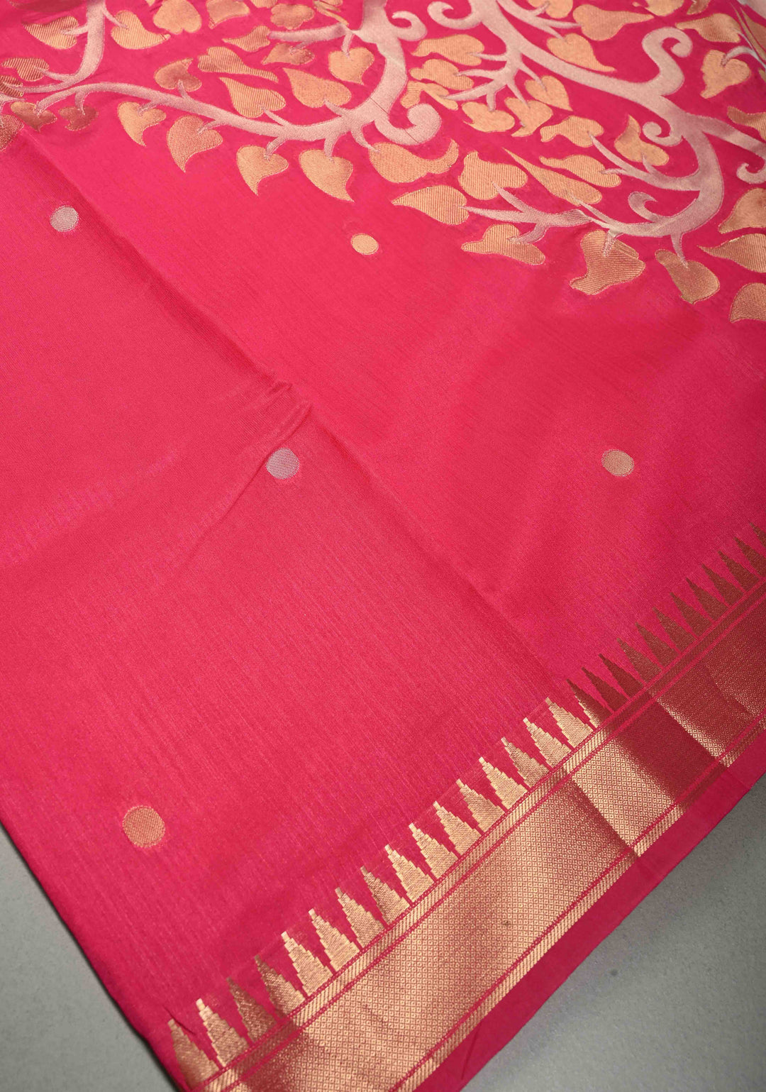 Rani Pink Mercerized Cotton Saree with Temple Zari Border and Tree Of life Pallu | SHOBITAM