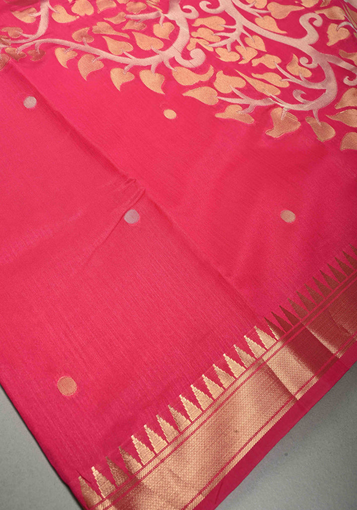 Rani Pink Mercerized Cotton Saree with Temple Zari Border and Tree Of life Pallu | SHOBITAM