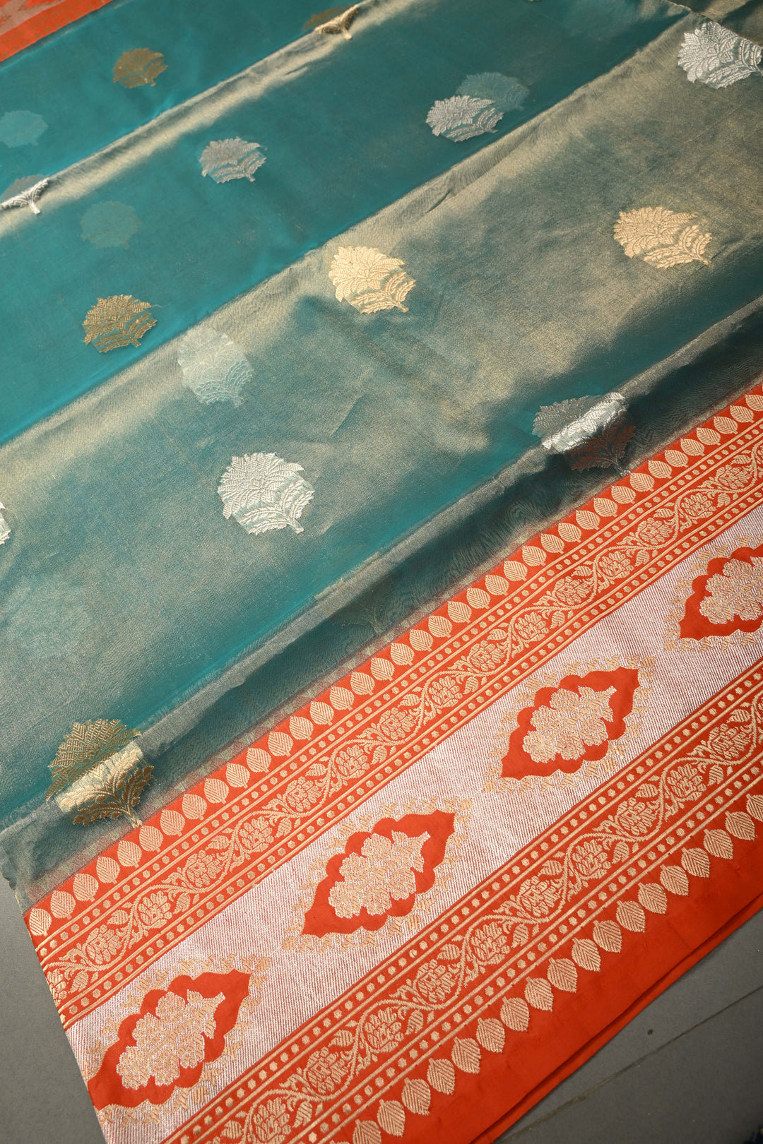 Seafoam Green Banarasi Kora Silk Saree with Sona Rupa Floral Zari Buttas and Contrast Zari Border| SILK MARK CERTIFIED | SHOBITAM