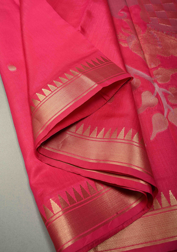 Rani Pink Mercerized Cotton Saree with Temple Zari Border and Tree Of life Pallu | SHOBITAM