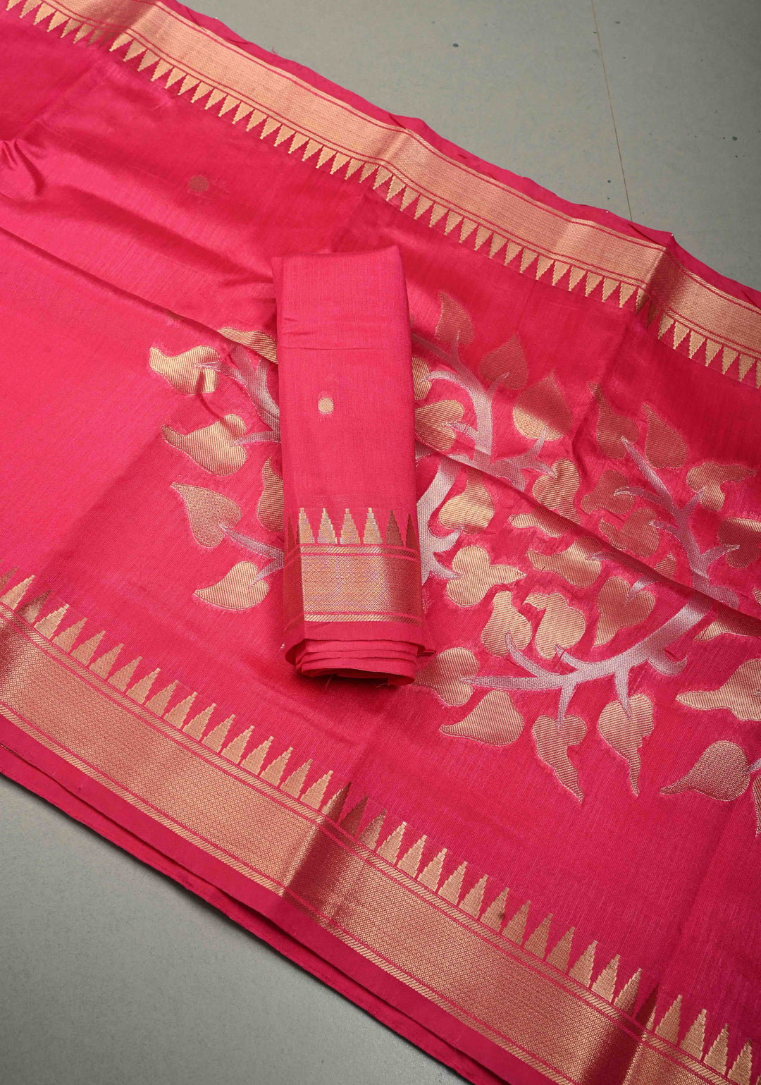 Rani Pink Mercerized Cotton Saree with Temple Zari Border and Tree Of life Pallu | SHOBITAM