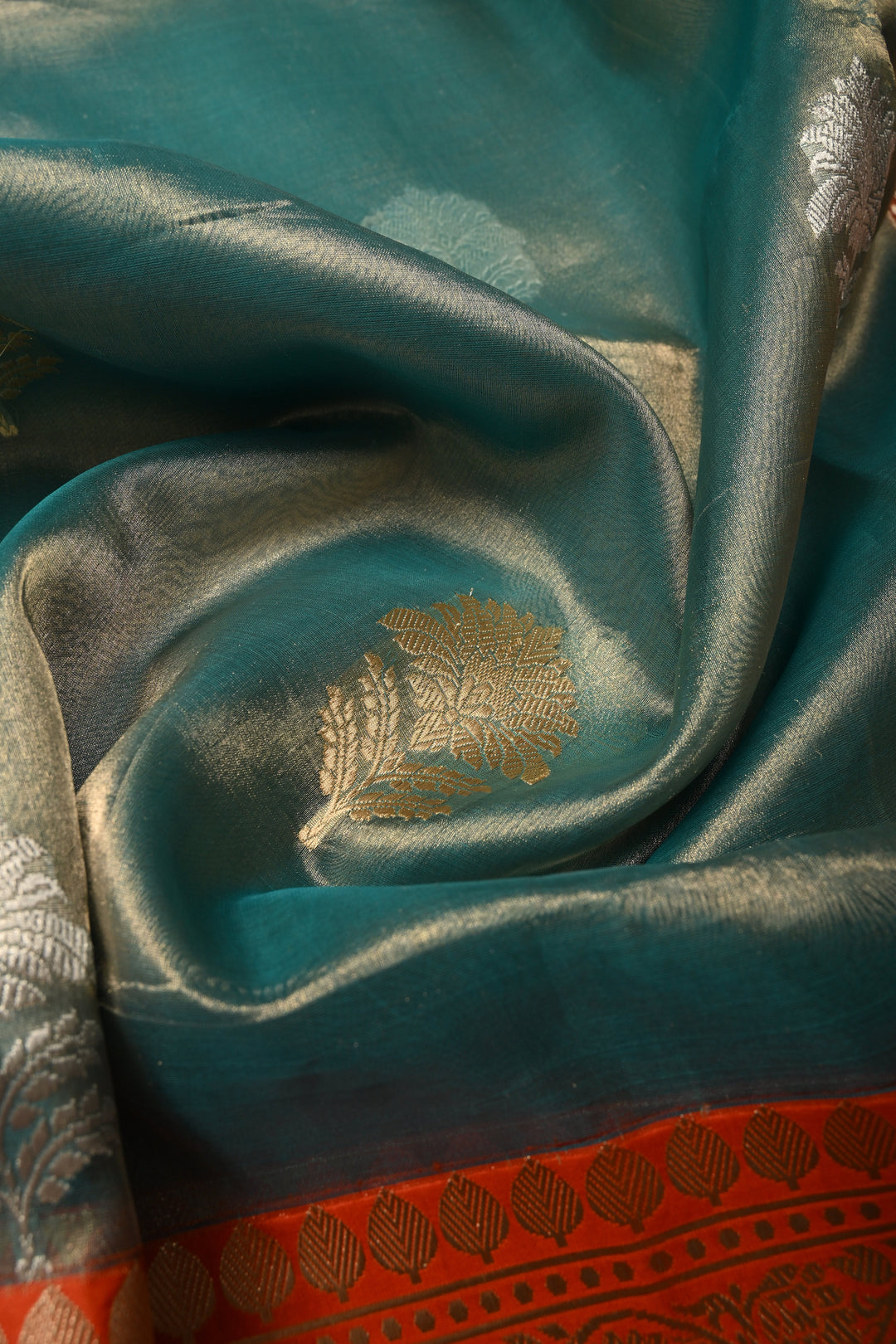 Seafoam Green Banarasi Kora Silk Saree with Sona Rupa Floral Zari Buttas and Contrast Zari Border| SILK MARK CERTIFIED | SHOBITAM