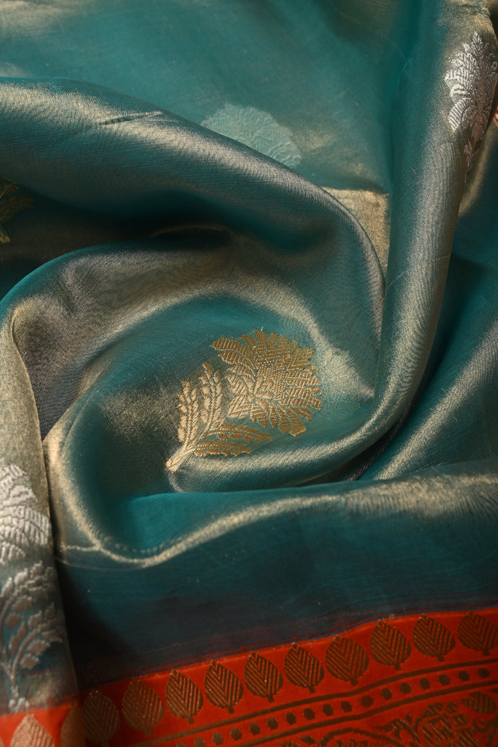 Seafoam Green Banarasi Kora Silk Saree with Sona Rupa Floral Zari Buttas and Contrast Zari Border| SILK MARK CERTIFIED | SHOBITAM