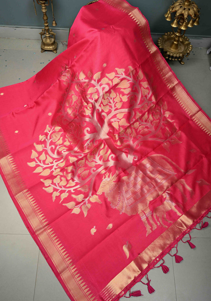Rani Pink Mercerized Cotton Saree with Temple Zari Border and Tree Of life Pallu | SHOBITAM