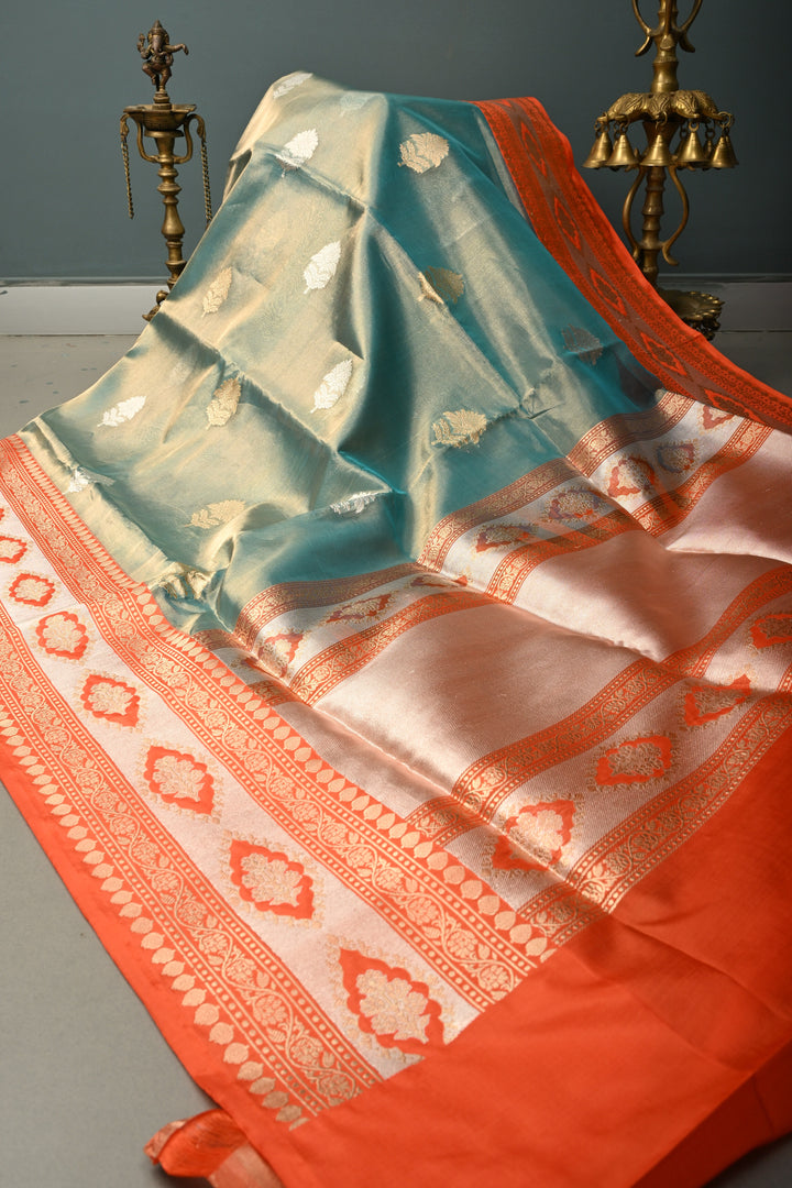 Seafoam Green Banarasi Kora Silk Saree with Sona Rupa Floral Zari Buttas and Contrast Zari Border| SILK MARK CERTIFIED | SHOBITAM