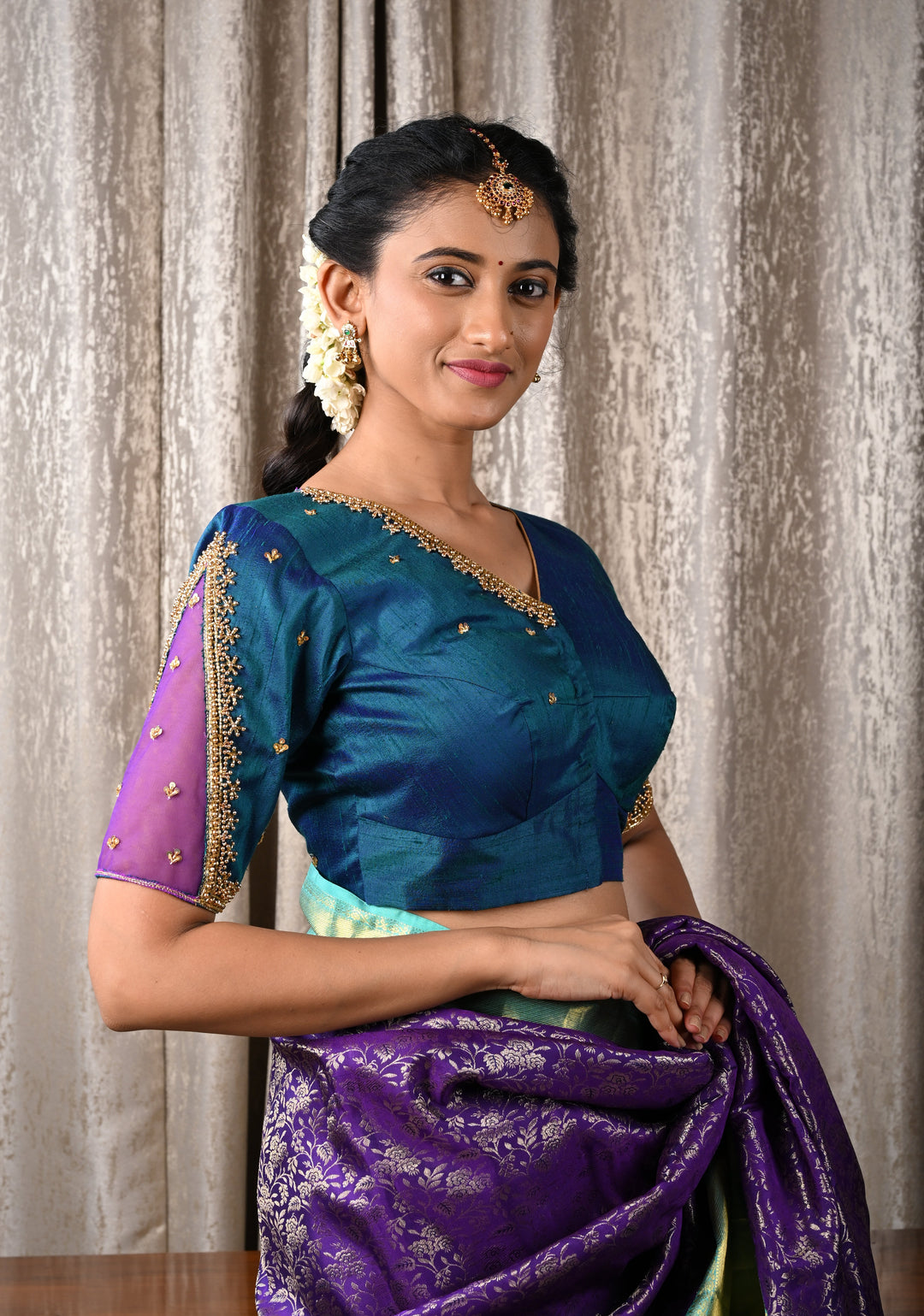Peacock Green Raw Silk Blouse with Handwork Detailing on Net on Sleeves and Back, Customizable, Made to Order