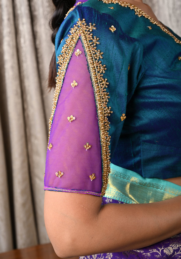 Peacock Green Raw Silk Blouse with Handwork Detailing on Net on Sleeves and Back, Customizable, Made to Order