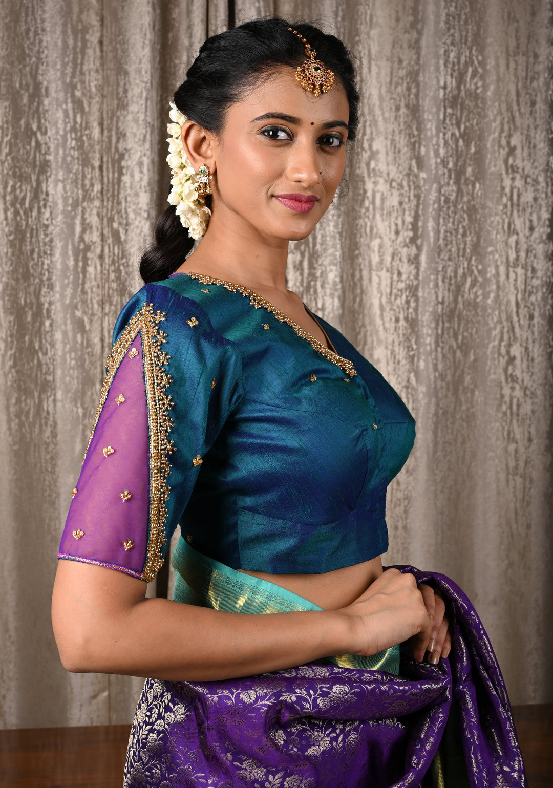 Peacock Green Raw Silk Blouse with Handwork Detailing on Net on Sleeves and Back, Customizable, Made to Order
