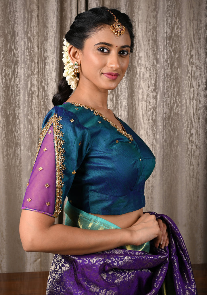 Peacock Green Raw Silk Blouse with Handwork Detailing on Net on Sleeves and Back, Customizable, Made to Order