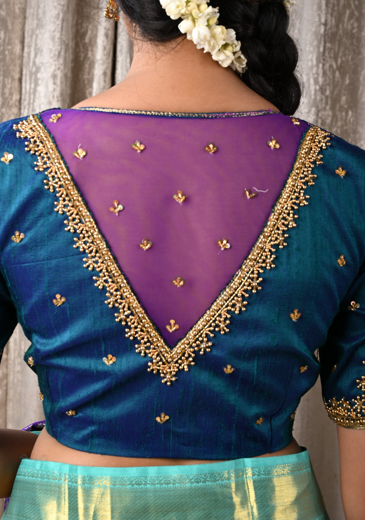Peacock Green Raw Silk Blouse with Handwork Detailing on Net on Sleeves and Back, Customizable, Made to Order