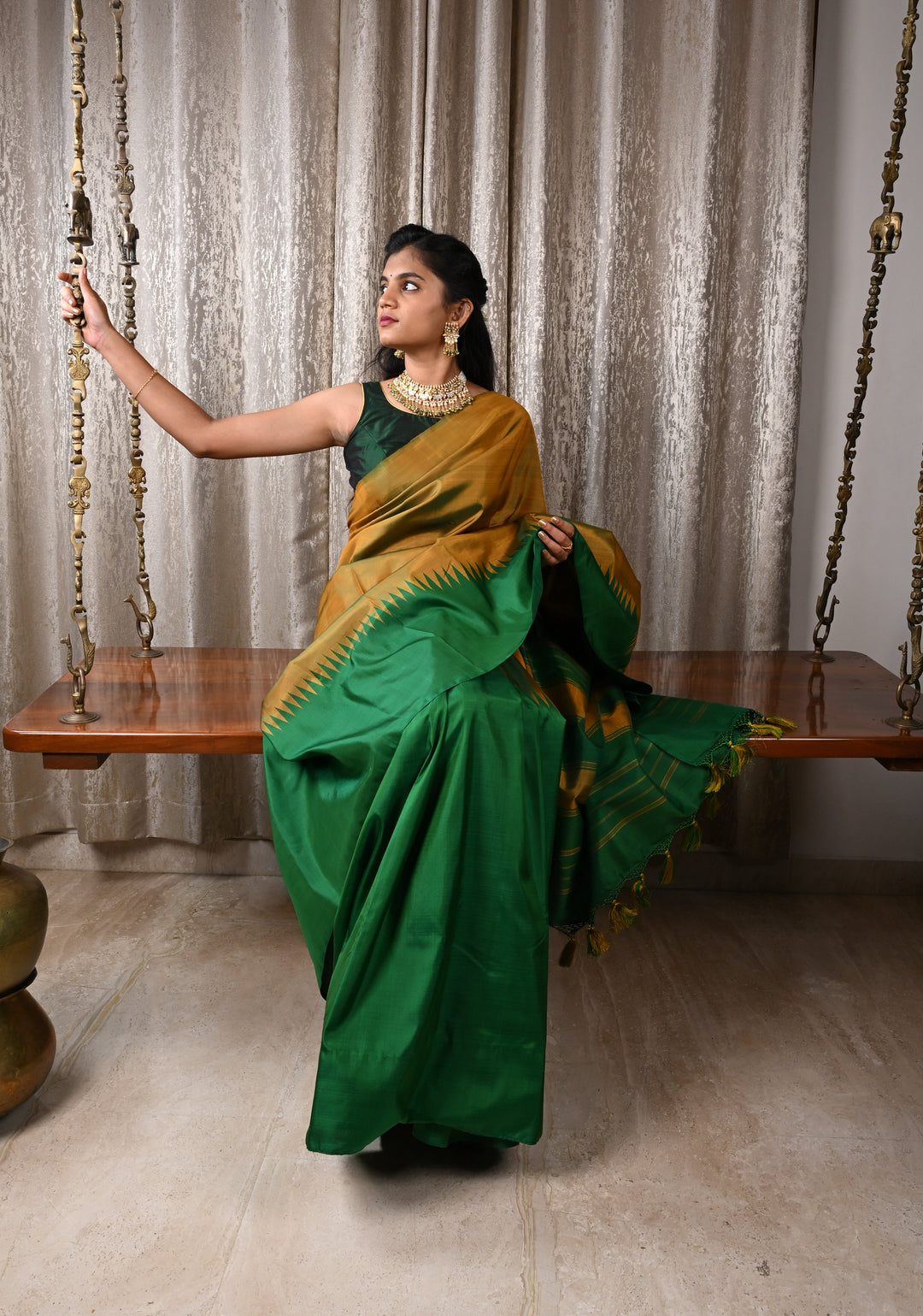 Green Pure Kanjivaram Silk Saree with Musterd Yellow Zariless Rising temple border | SILK MARK CERTIFIED