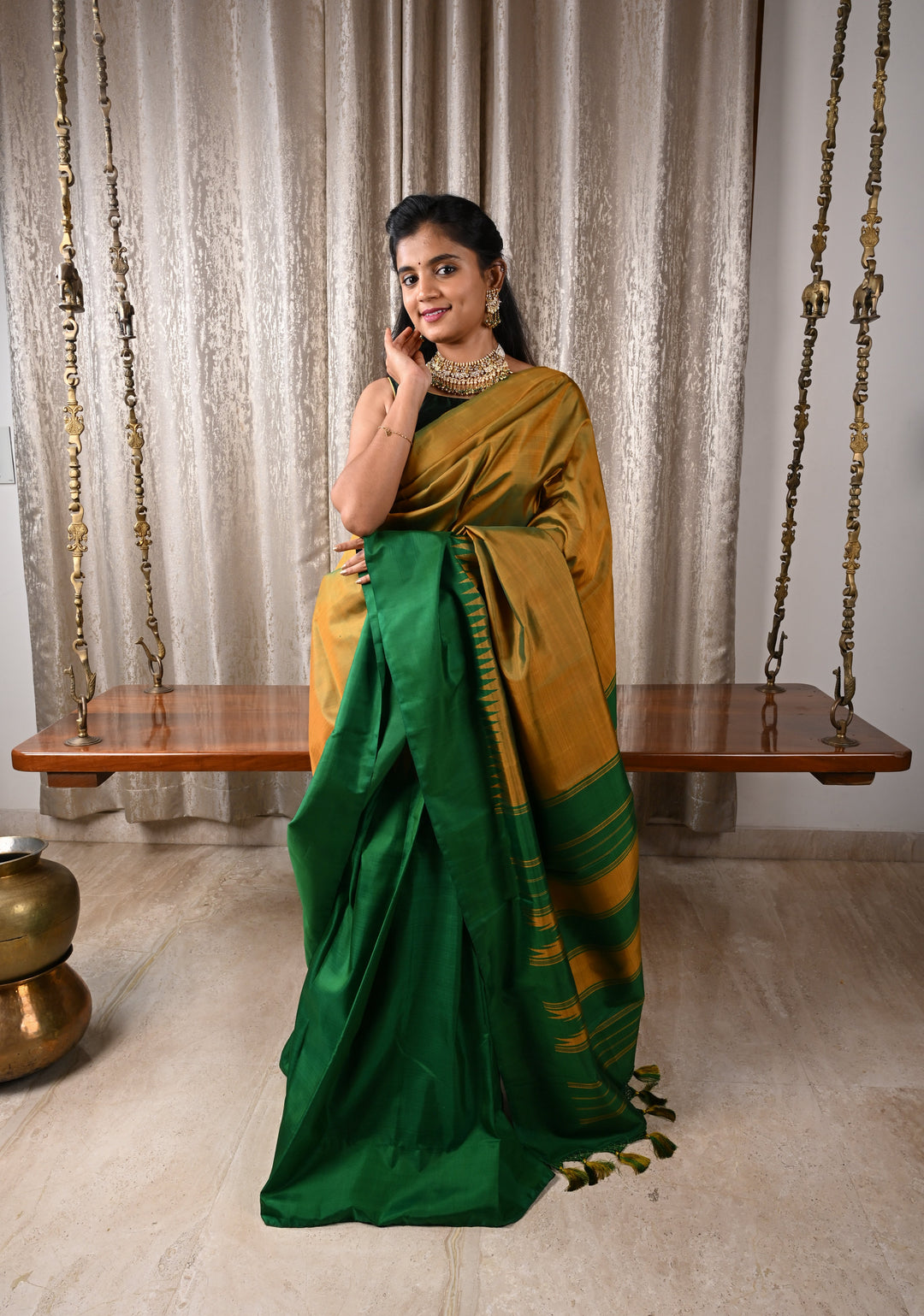 Green Pure Kanjivaram Silk Saree with Musterd Yellow Zariless Rising temple border | SILK MARK CERTIFIED