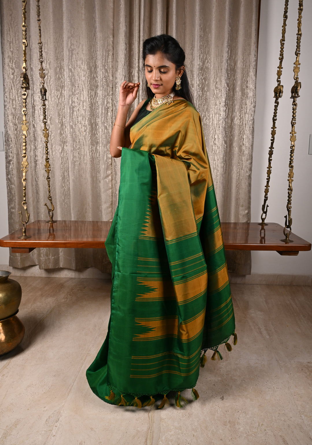 Green Pure Kanjivaram Silk Saree with Musterd Yellow Zariless Rising temple border | SILK MARK CERTIFIED