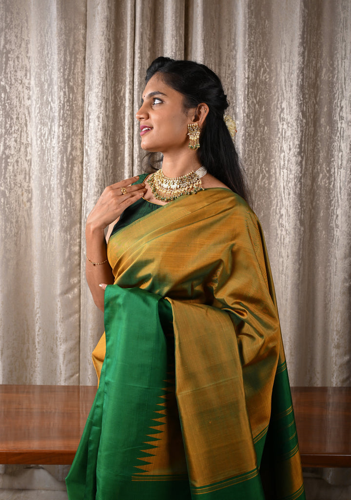 Green Pure Kanjivaram Silk Saree with Musterd Yellow Zariless Rising temple border | SILK MARK CERTIFIED