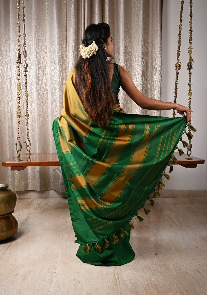 Green Pure Kanjivaram Silk Saree with Musterd Yellow Zariless Rising temple border | SILK MARK CERTIFIED