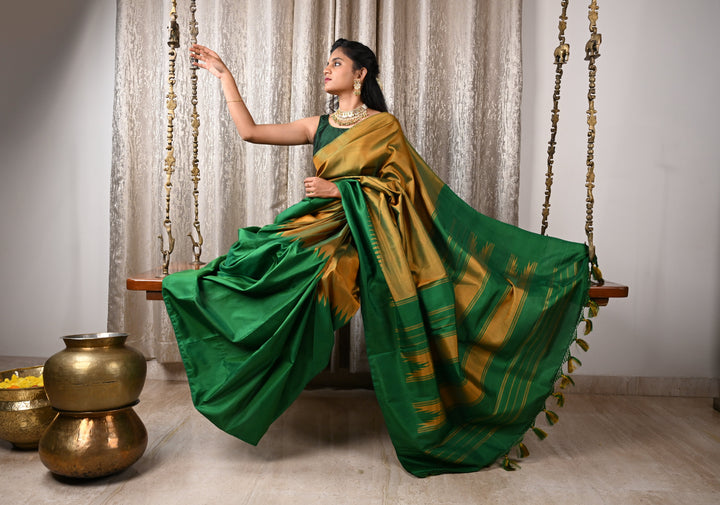 Green Pure Kanjivaram Silk Saree with Musterd Yellow Zariless Rising temple border | SILK MARK CERTIFIED