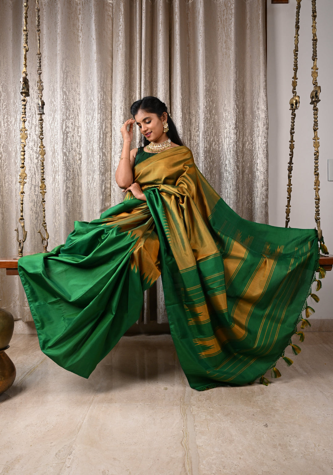 Green Pure Kanjivaram Silk Saree with Musterd Yellow Zariless Rising temple border | SILK MARK CERTIFIED