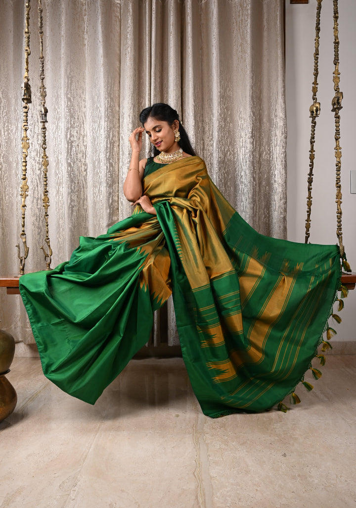Green Pure Kanjivaram Silk Saree with Musterd Yellow Zariless Rising temple border | SILK MARK CERTIFIED