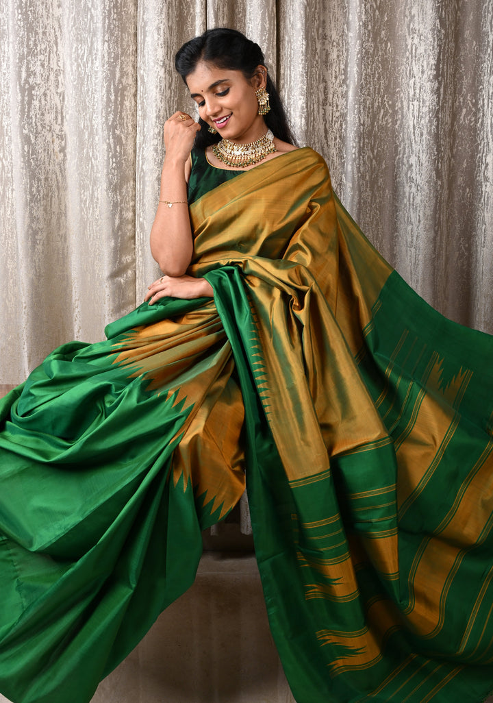 Green Pure Kanjivaram Silk Saree with Musterd Yellow Zariless Rising temple border | SILK MARK CERTIFIED