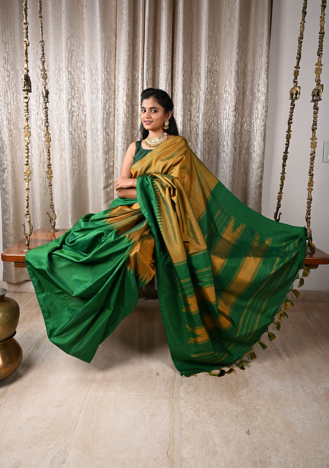 Green Pure Kanjivaram Silk Saree with Musterd Yellow Zariless Rising temple border | SILK MARK CERTIFIED
