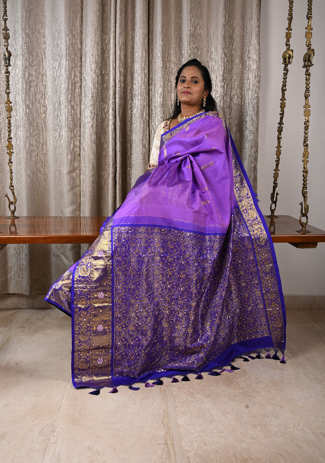 Lavender Kanjivaram Silk Saree with chevron pattern and Sequins, cutdana work | SILK MARK CERTIFIED